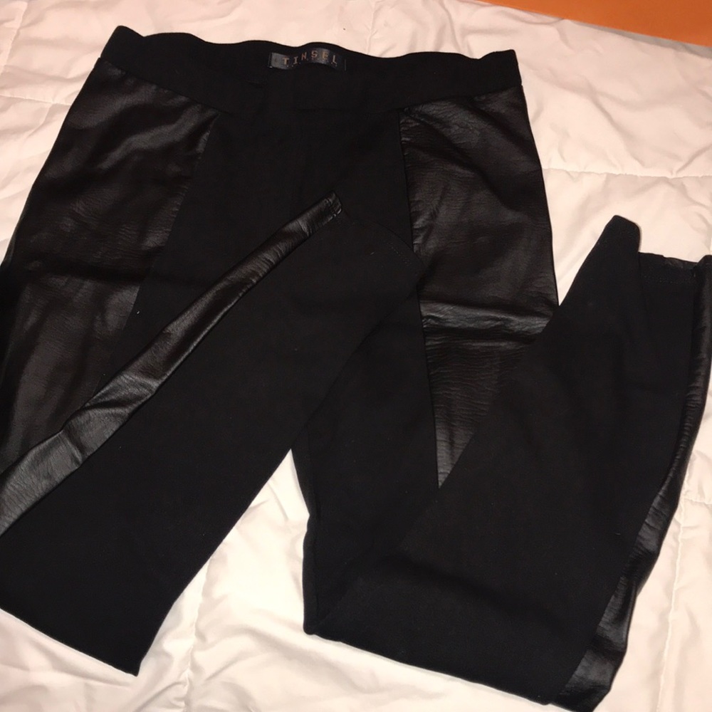 Tinsel pants with leather accent